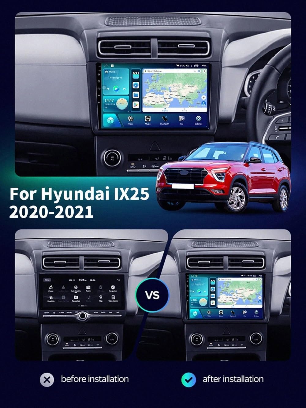 Car Stereo Carplay Radio de Coche para Hyundai IX25 2020-2021 Soporta Bluetooth, Control Volante, USB, WiFi, 4G, Mirror-Link, GPS Navegador/Radio FM, 8 Nuclear 8G+256G