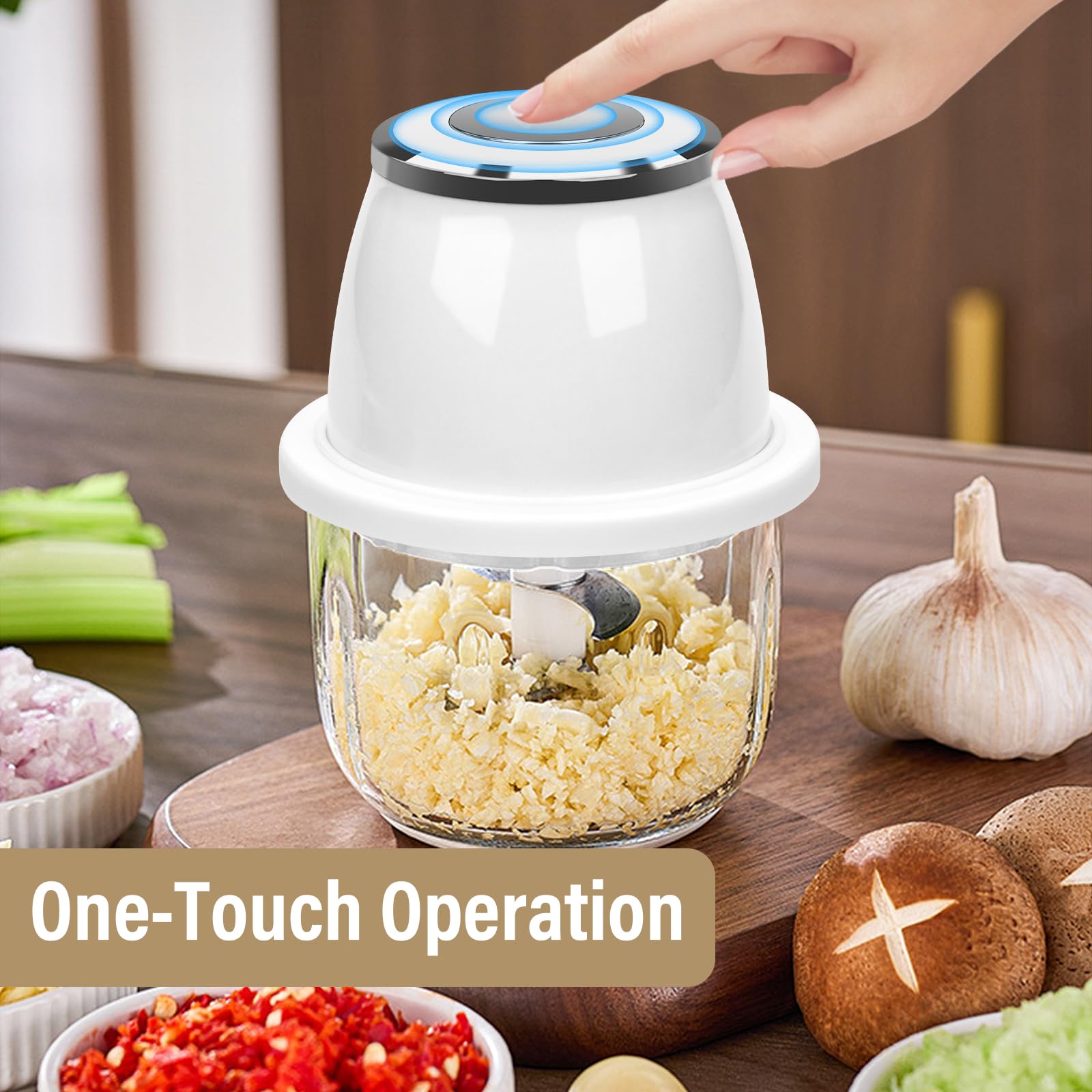 Tritatutto da Cucina Elettrico 350ml, Frullatore Piccolo Portatile con 3 Lame per Carne Frutta Peperoncino Cipolle Aglio - Bianco