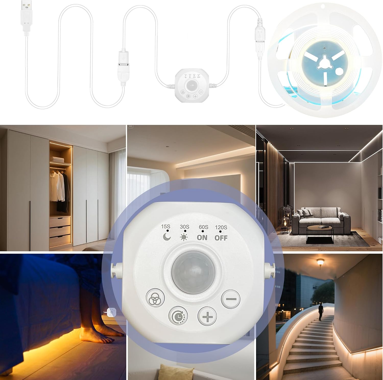5V Mini Motion Sensor Switch with USB Male and Female Connectors (White),Time Delay,Brightness Dimming,Automatic Sensor Switch for Indoor DIY Lighting, Kitchen, Wardrobe,Stairway.