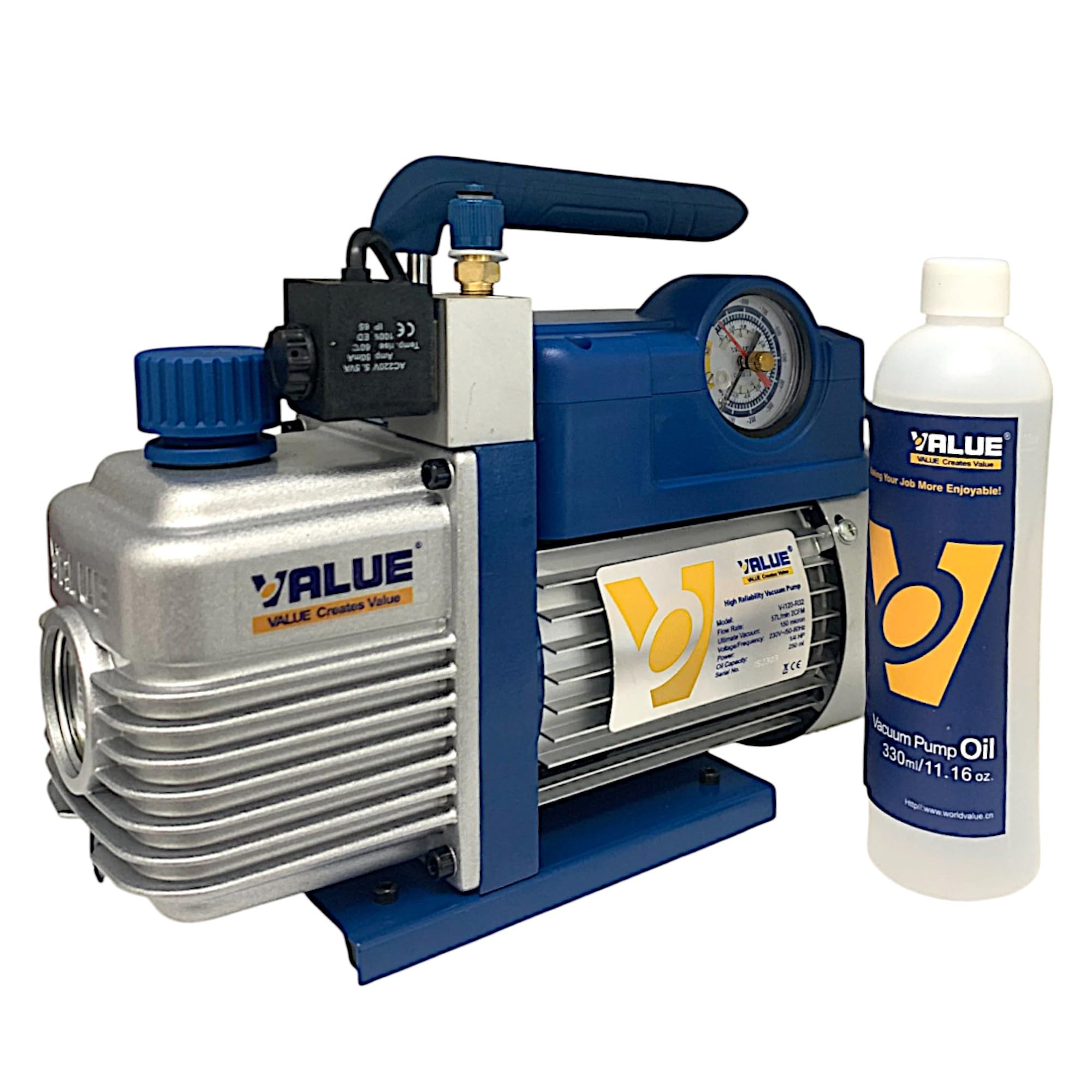 Pompa a Vuoto 51 Lt/min 1/4 HP R32 R410A R407C R134A Pompa per Vuoto con Elettrovalvola e Vacuometro con Olio incluso