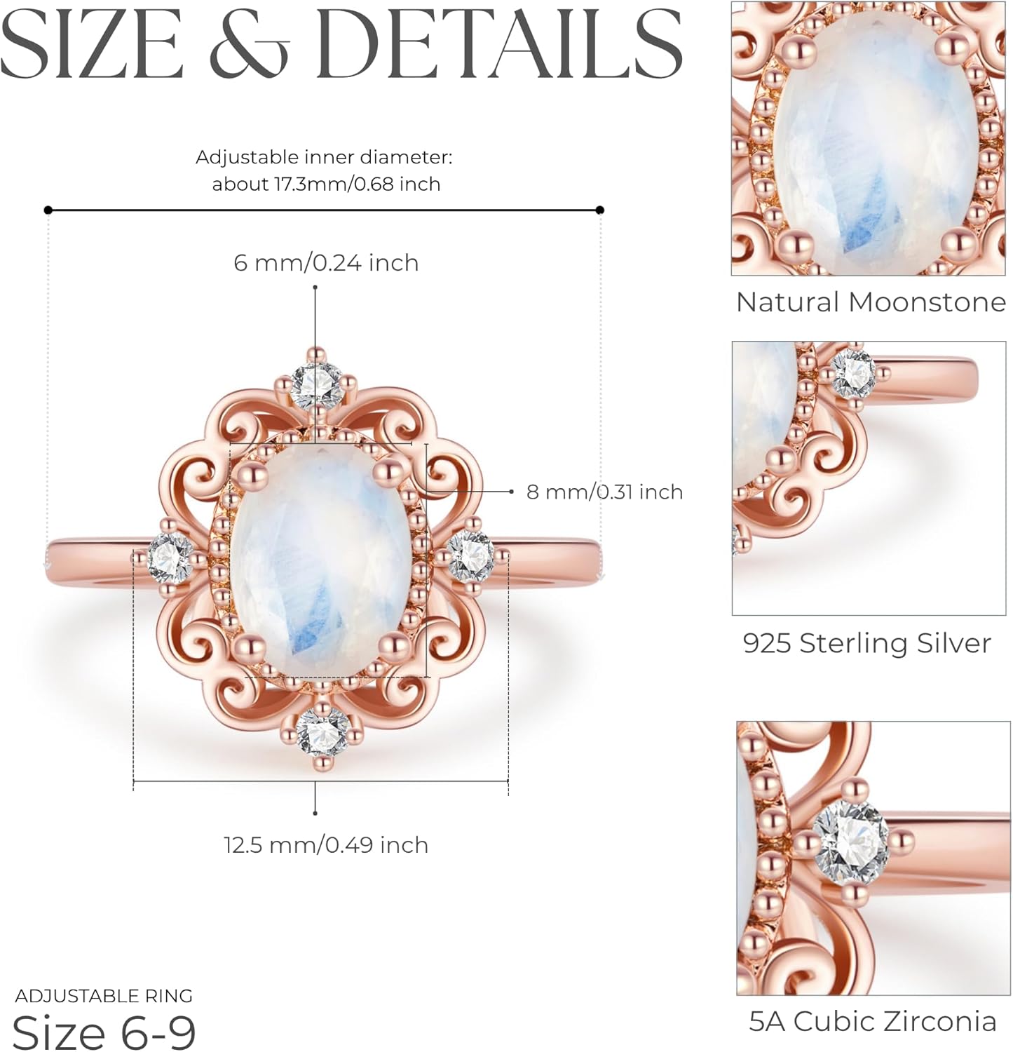 Rose Gold Plated Moonstone Ring for Women 925 Sterling Silver Boho Engagement Ring Wedding Promise Ring Moonstone Jewelry Gift - Image 3