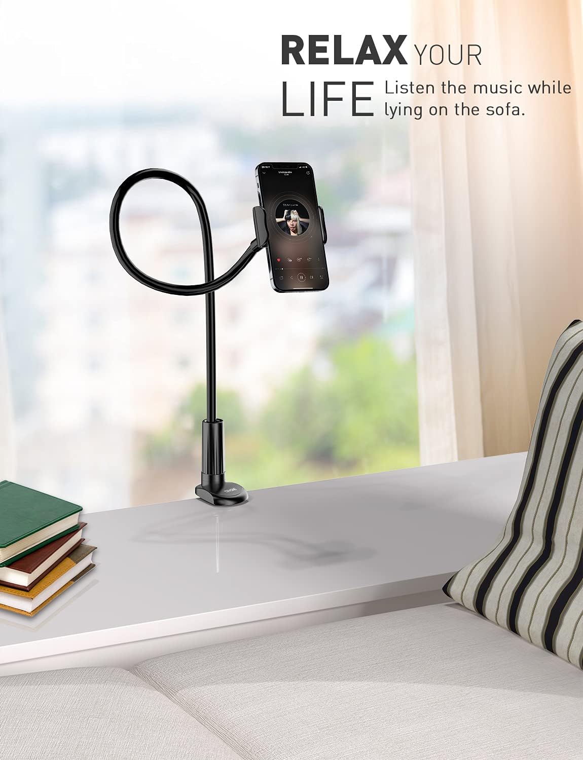 Tryone Gooseneck Phone Holder Stand for Bed Flexible Long 35-inch Arm Adjustable Cell Phones Mount Clamp on Desk Compatible with iPhone 12 Pro 12 11 Pro Xs 8 7 6 | Samsung S21 or Other 4"-7" Devices