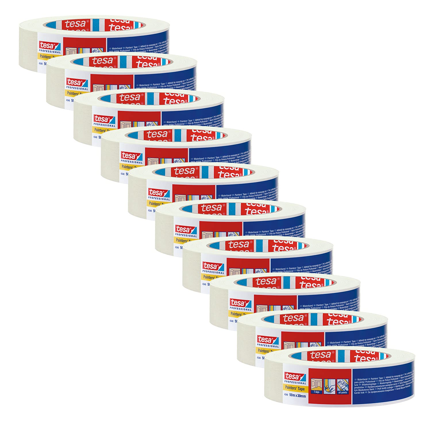 tesa krepp 4348 Standard - Cinta adhesiva para pintar fácilmente en interiores, 50 m x 30 mm, color beige, Pack de 10