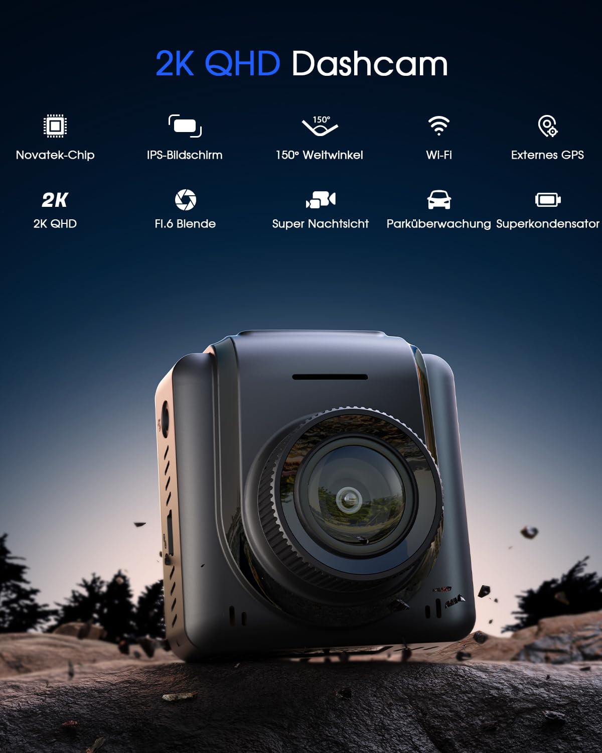 Avylet Dashcam Auto 2K, 1440P WiFi Dash Cam, Mini Vorne Autokamera