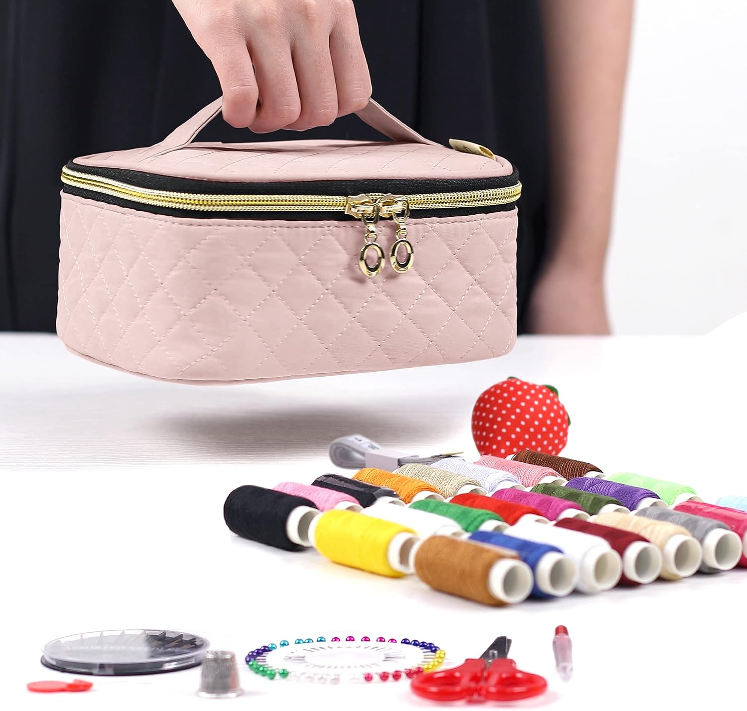 LoDrid Sewing Kit, Portable Flannel Bag with Complete Sewing Supplies for Travel, Sewing Repair Tool for Adult & Beginner, 24 Color Threads, 30 Needles & Sewing Accessories, Dusty Rose