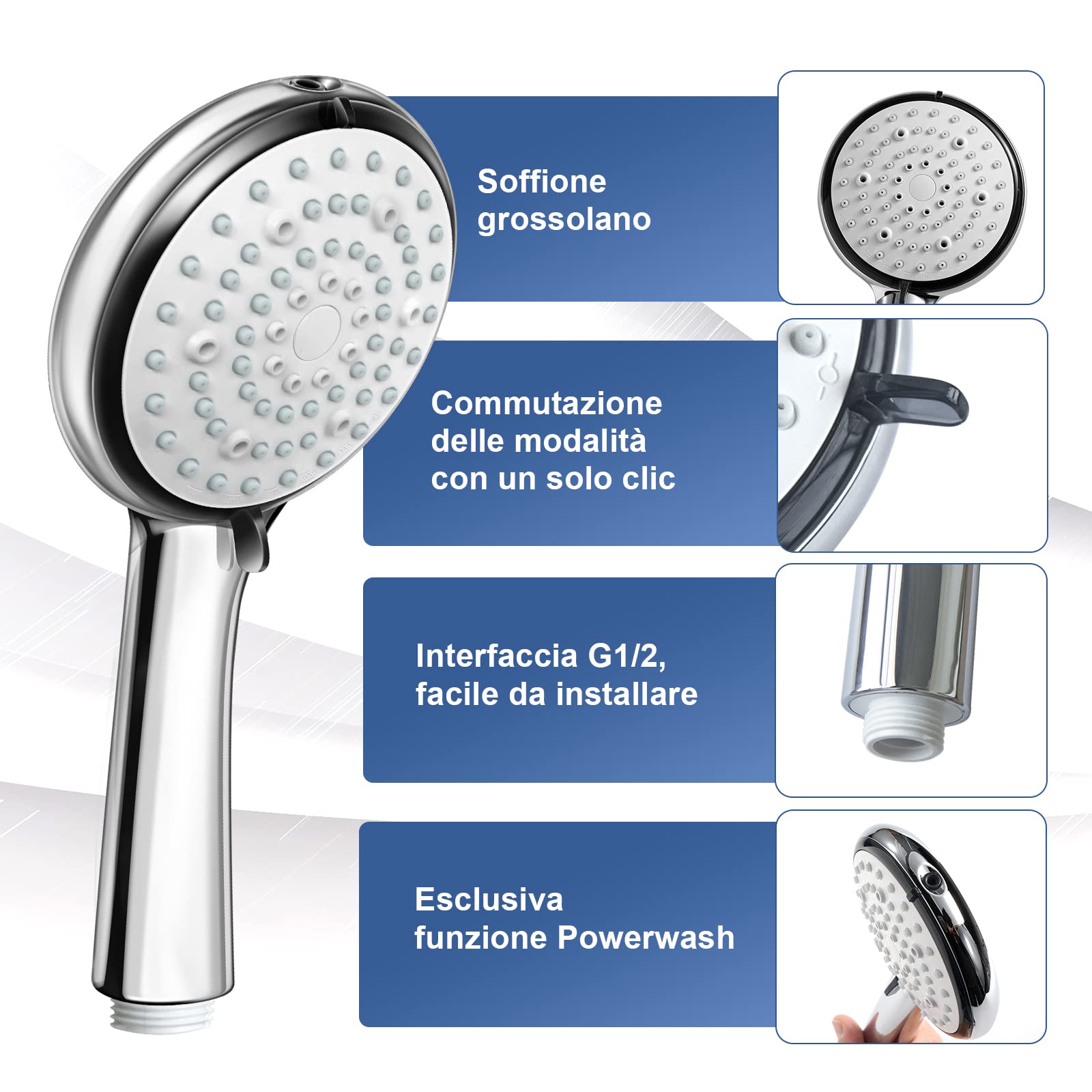 Soffione Doccia, Doccino per Doccia Manuale a Risparmio D'acqua, 6 Modalità di Spruzzo, Doccetta con Ugello in Silicone Autopulente Facile da Installare e Pulire,Telefono Doccia in ABS + Acciaio