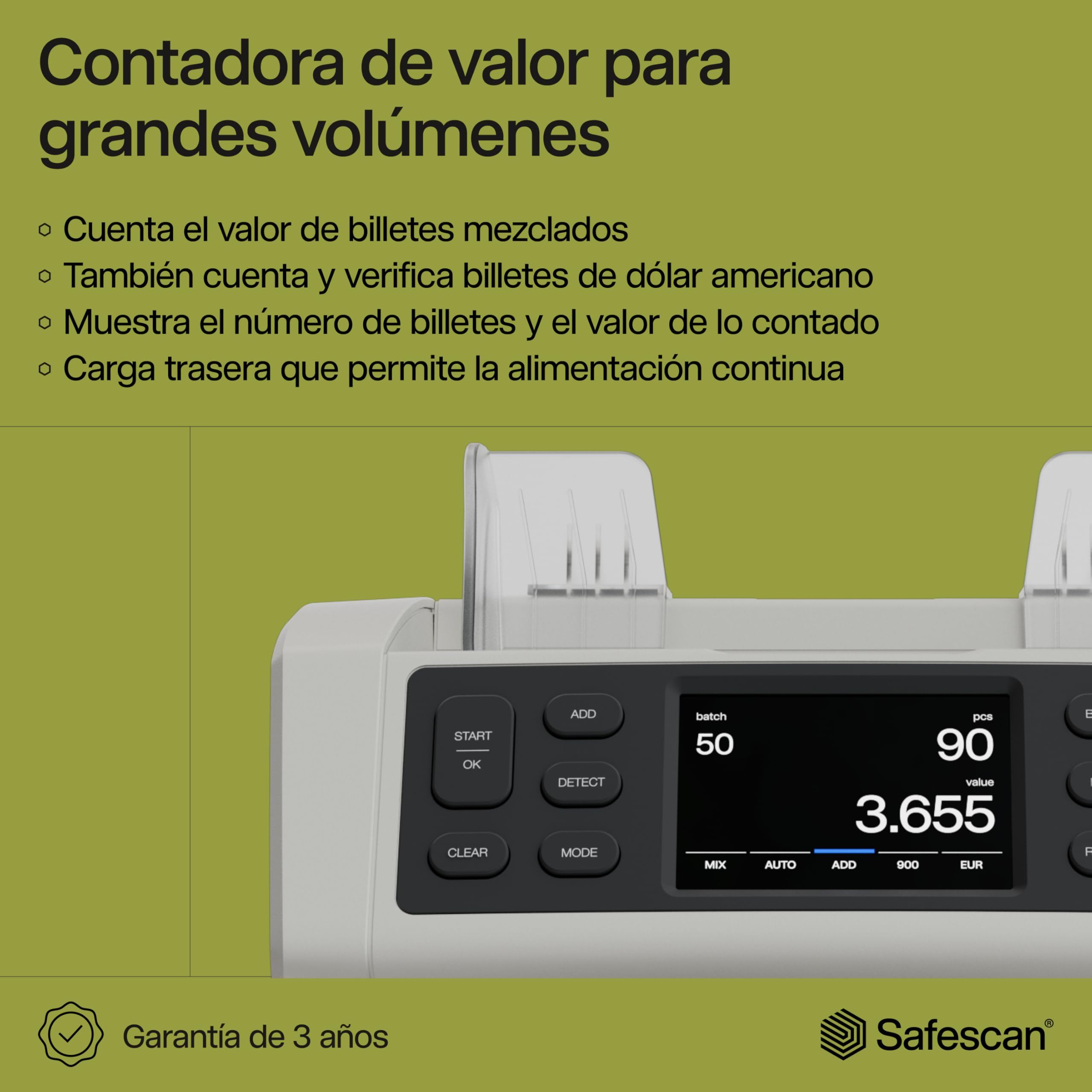 Safescan 2885-S Contadora de billetes, cuenta el valor de billetes mezclados incluyendo USD - Contadora detectora de billetes falsos en 7 puntos - Máquina para contar billetes con interfaz multilingüe