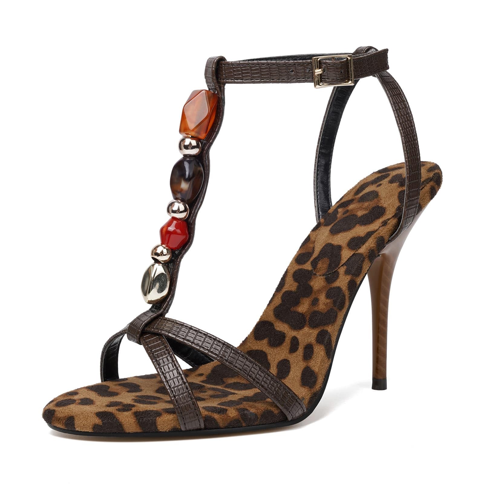Womens Stiletto Strappy T-strap Sandal Jeweled High Heels with Gems