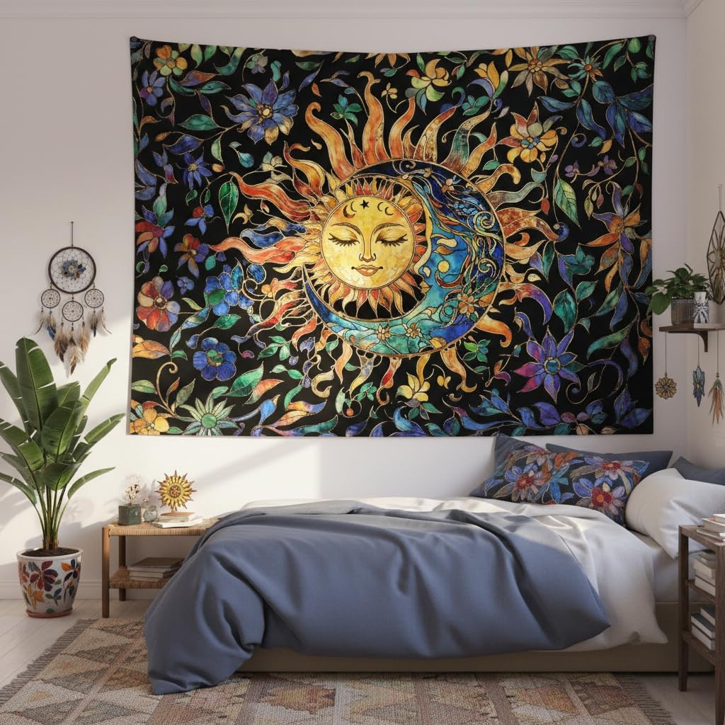 Aipon Sun and Moon Tapestry for Bedroom Boho Hippie Floral Wall Tapestry Aesthetic Vintage Stained Glass Plant Small Tapestries Wall Hanging for Living Room Dorm 48 x 36 Inch