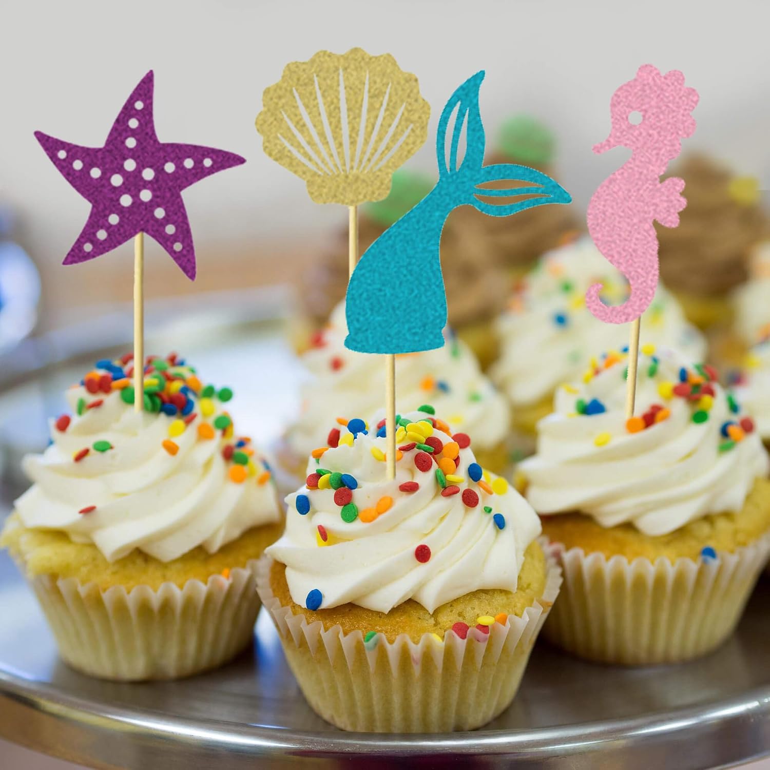 24Pcs Mermaid Cupcake Toppers Shell Seahorse Starfish Mermaid Tail Cupcake Picks Baby Shower Under the Sea Theme Birthday Party Decorations Supplies