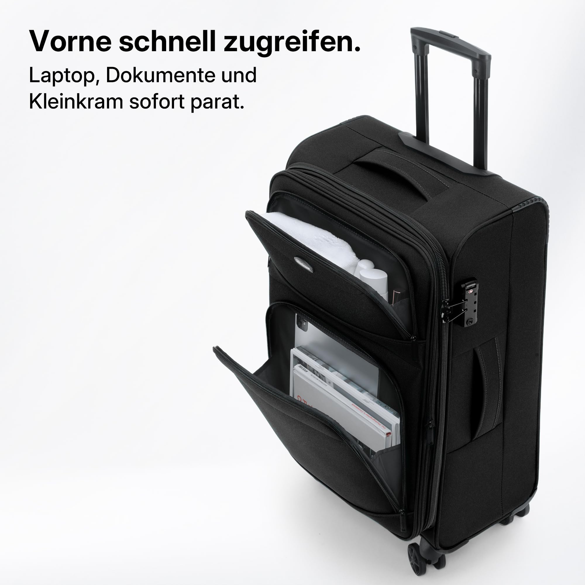 Münicase Stoffkoffer erweiterbar mit Frontfächern,15% Extra-Volumen, TSA-Schloss, 360° Doppelrollen & verdecktem Namensschild (Schwarz, Koffer M (55 cm) erweiterbar)