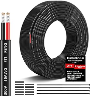 16 Gauge Wire 2 Conductor Electrical Wire, 16 AWG Wire Stranded PVC Cord 30FT, 12V Low Voltage/Oxygen-Free Tinned Copper/Flexible 16/2 Wiring for Automotive Marine LED Strips Lamps Lighting
