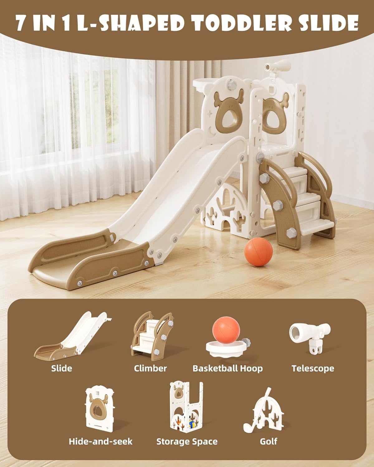 XJD 7 in 1 Toddler Slide, Kids Indoor Slide for Toddlers 1-3, New Upgrade with Golf, Basketball Hoop for Indoor Outdoor Playset, Birthday Gifts for Toddler (White Brown)