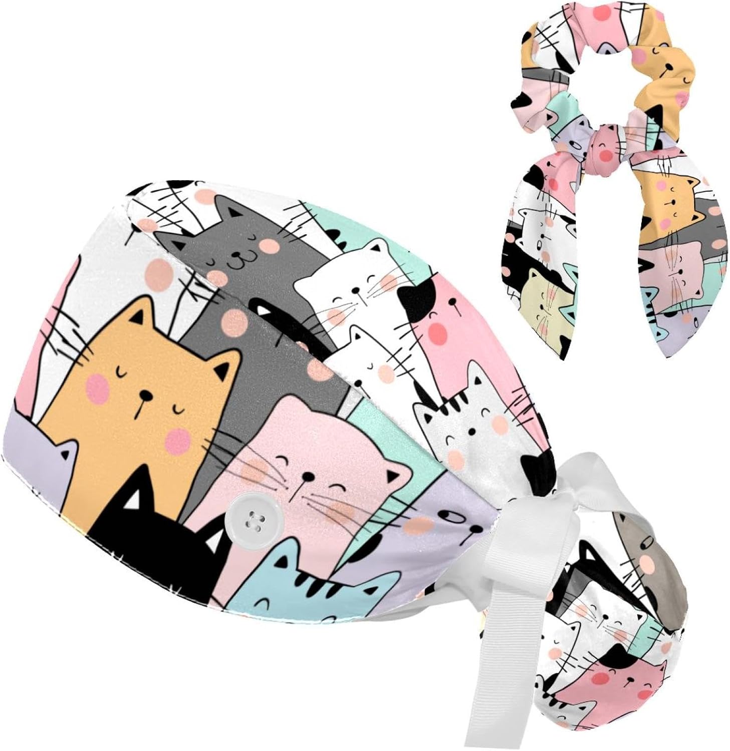 Cute Black Cat Scrub Cap - Adjustable Surgical Cap With Buttons & Bow Scrunchie