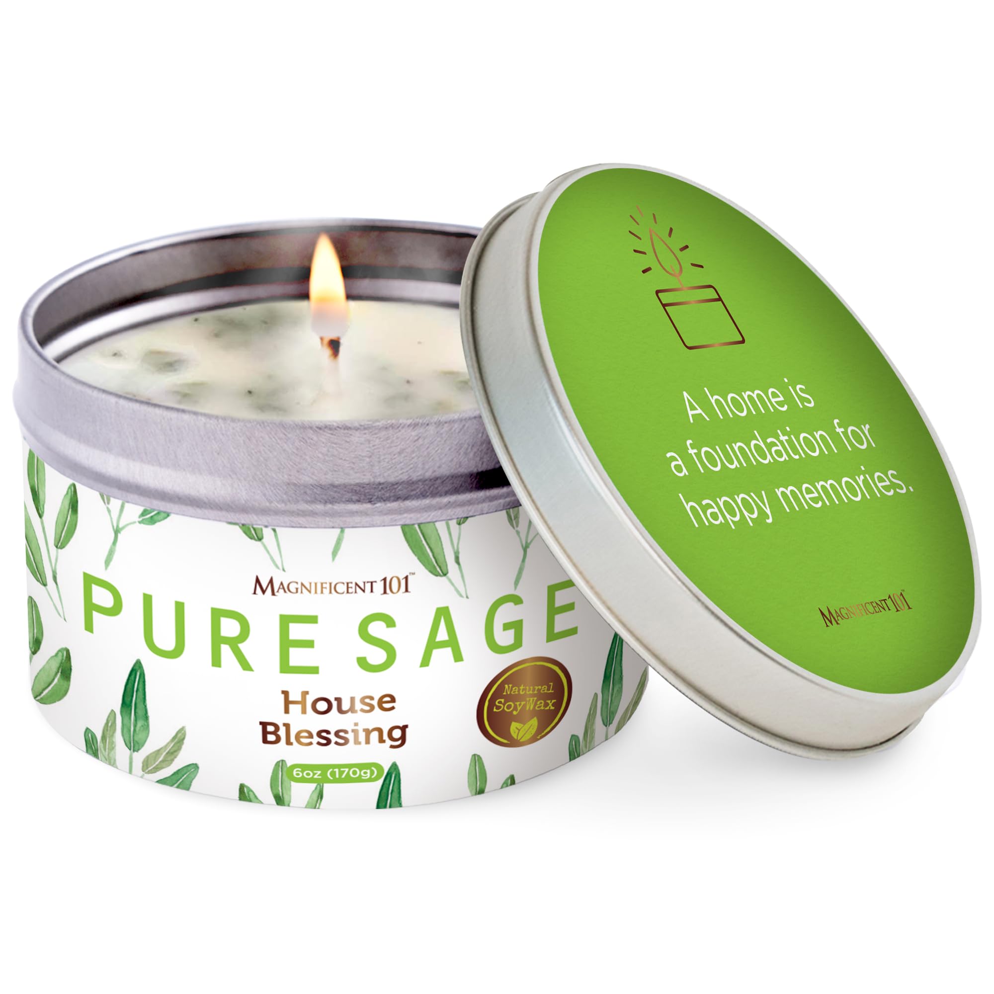 Magnificent 101 Long-Lasting Pure Sage Smudge Candle | 6 Oz - 35-Hour Burn | Essential Oils, 100% Natural Ingredients | Smoke Free, Petroleum Free Candle to Cleanse Your Home