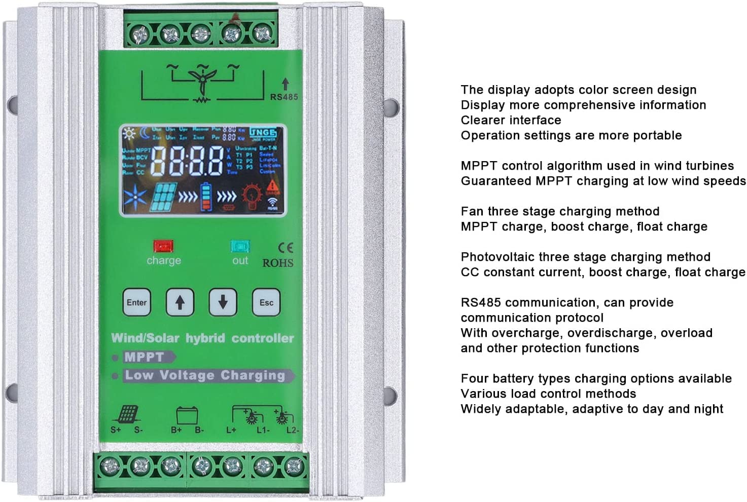 FAXIOAWA Regolatore di Carica Solare Eolico Ibrido, 8000W Identificazione Automatica ad Alta Efficienza Tensione Regolatore di Carica Boost con Display LCD per Lampione Stradale off Grid,48v