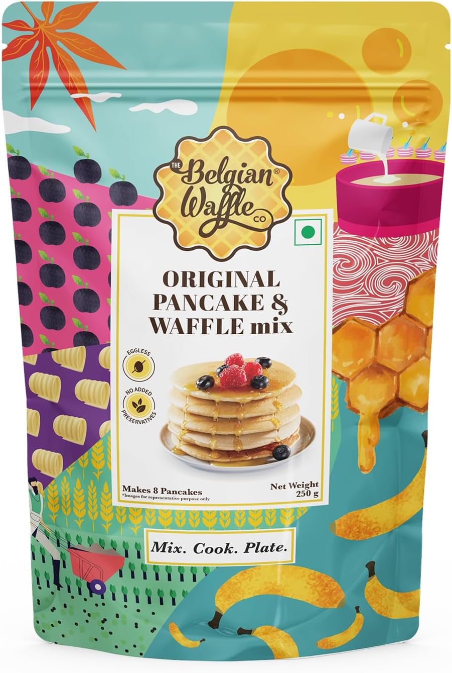 The Belgian Waffle Co Original Pancake & Waffle Premix, 100% Vegetarian and Eggless, No Added Preservatives, Non Refined Sugar, Instant Breakfast Mix - 250gm (9 Pancakes Each, Pack of 1)