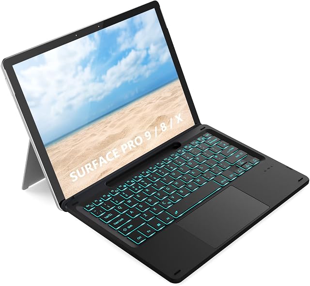 Backlight Keyboard with Trackpad for Surface Pro 9/8/X, 7-Color Wireless Bluetooth Illuminated Keyboard Slim and Light with Touchpad and Pen Holder for Microsoft Surface Pro 9/Pro 8/Pro X 13", Black