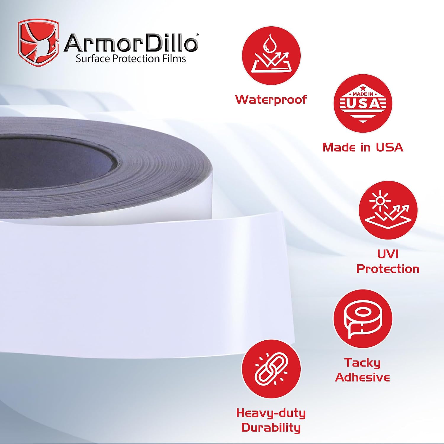 ArmorDillo Poly Shrink Wrap Tape –1 Roll, 4" x 180' White Heat Shrink Tape for Boats | Waterproof Crash Wrap, Press & Seal Plastic Repair, Electrical & Plumbing Protection