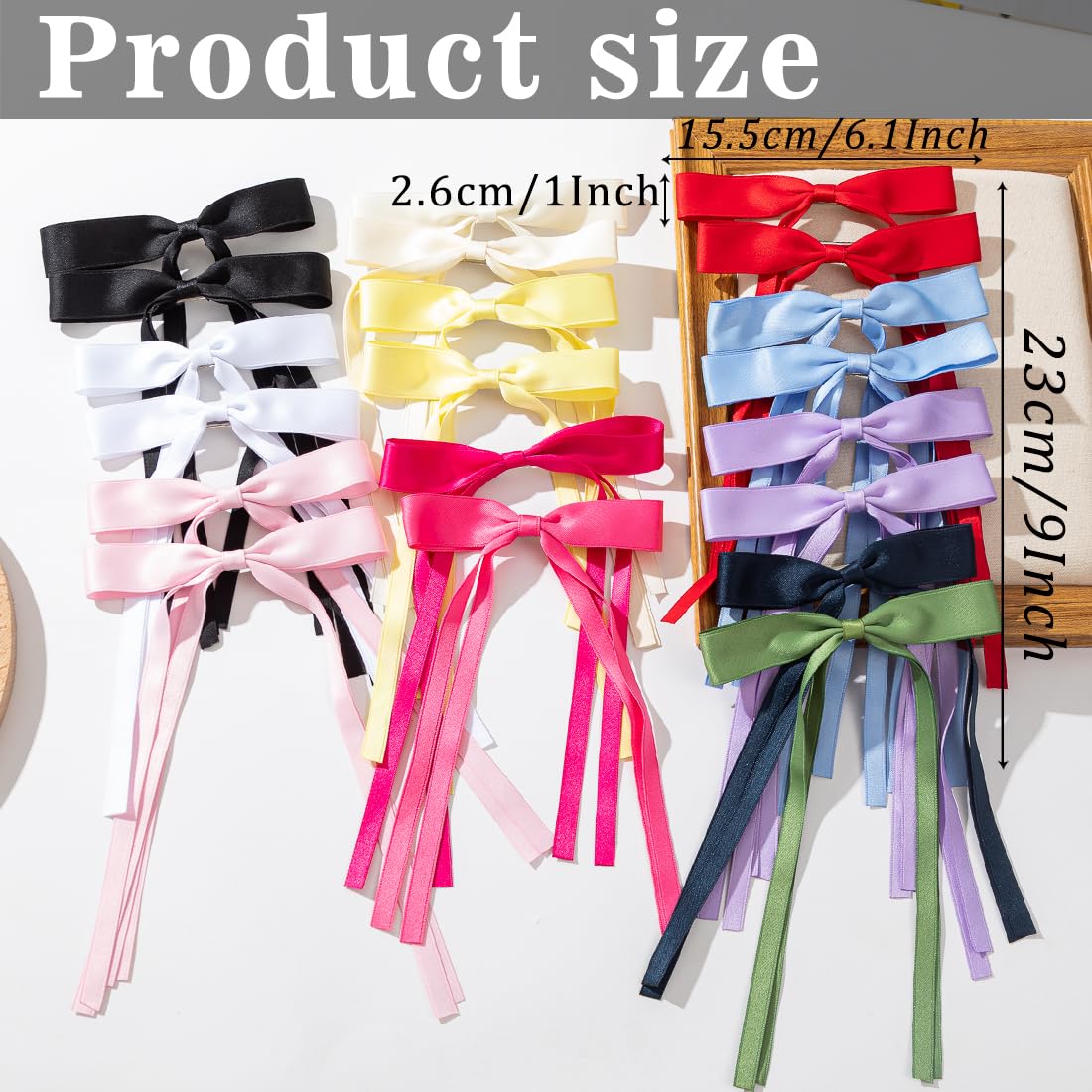 20 Hair Bow Clips with Ribbons, Bowknots, and Long Tails - Barrettes for Women's Hair Styling