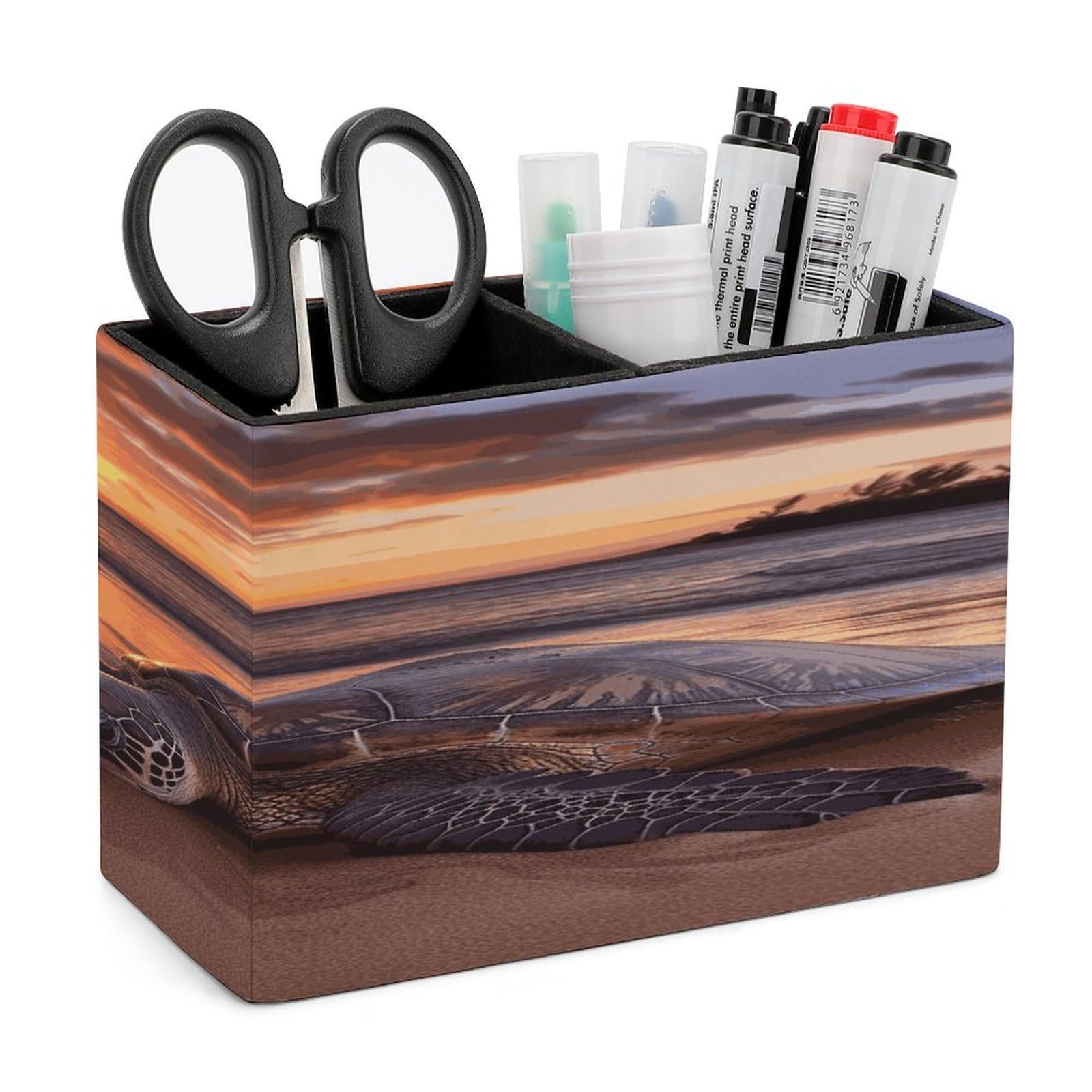 LDGSUPH Sea Turtle Sunset Leather Pen Holder for Desk Organizer Caddy Large Pencil Cup Multi-function Pencil Holder Makeup Brush Holders Pen Organizer for Home Office Storage Box