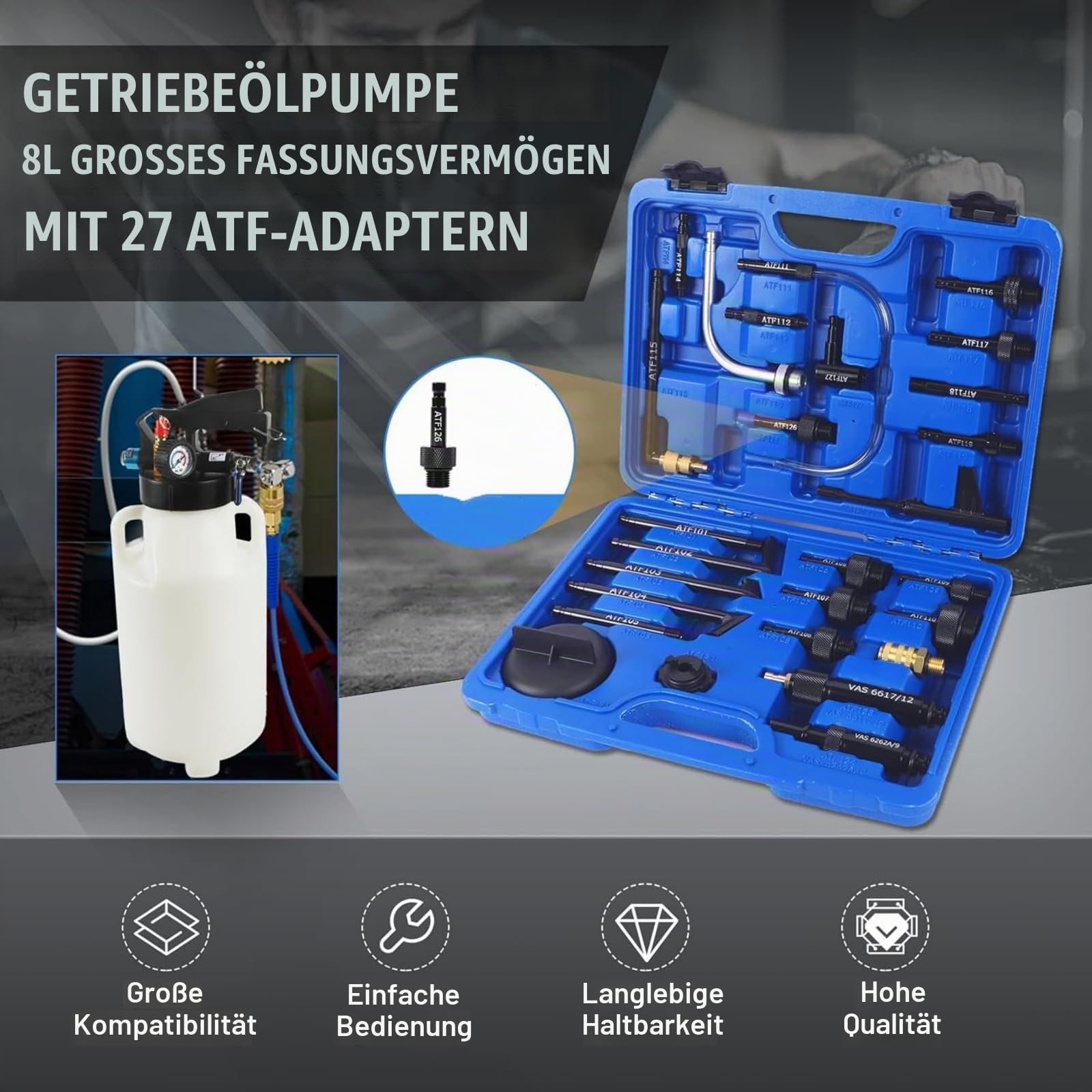 Druckluft Getriebeöl Einfüllgerät 8L mit 26 ATF Adaptern | Bidirektional absaugen & befüllen, mit Manometer & Sicherheitsventil, kompatibel mit BMW/Benz/VW/Audi, Aluminium & Nylon