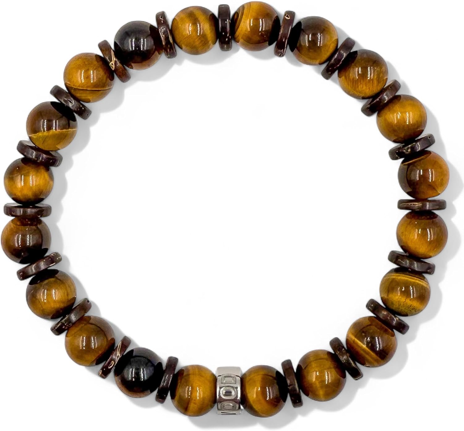 Everwood Rugged Gemstone Beaded Bracelet for Men - Wood Beads with Silver Stainless Steel Spacer - Handmade Stretch Bracelet Gift for Him - Handcrafted Original