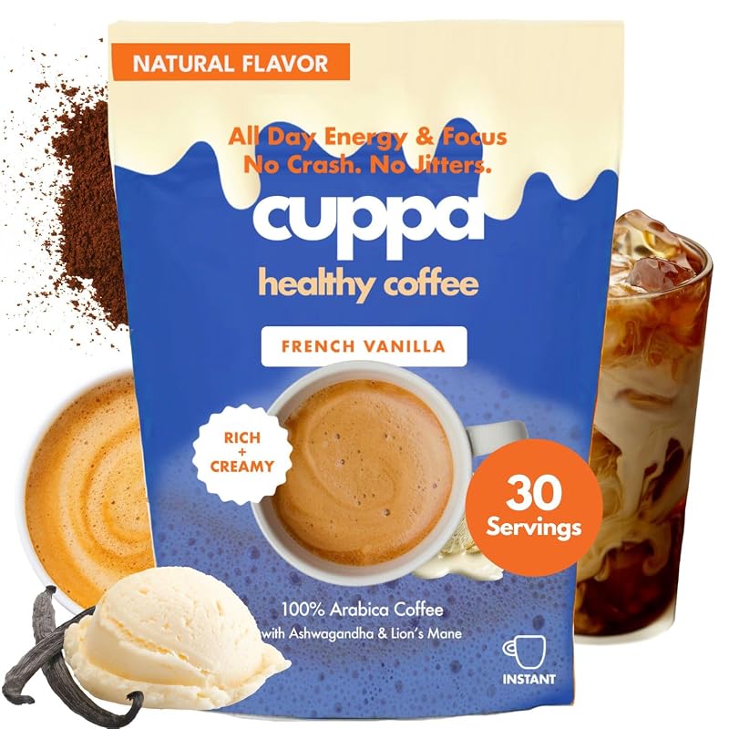 Cuppa Healthy Coffee Café instantâneo sabor baunilha francesa, torra média, com Lion's Mane, Cordyceps, ashwagandha e L-teanina, 70 mg de cafeína por porção, 30 sachês