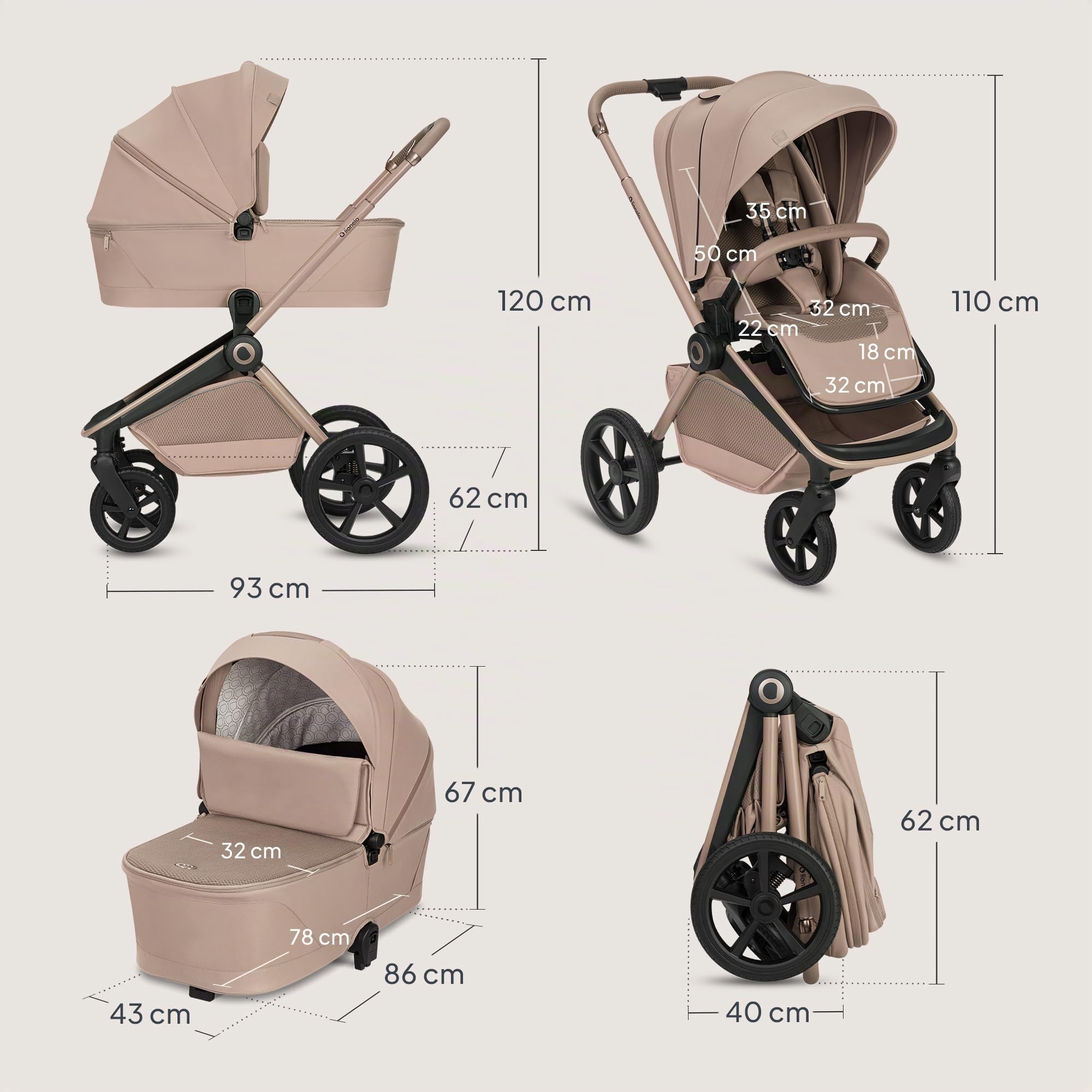 Lionelo Freya Poussette 2en1 (0-4 Ans, 0-22 Kg), Nacelle Pliable et Poussette Bebe, Position Allongée, Suspension et Roues PU, Capote UPF50+, Boucle Magnétique, Ventilation, Accessoires (Beige)