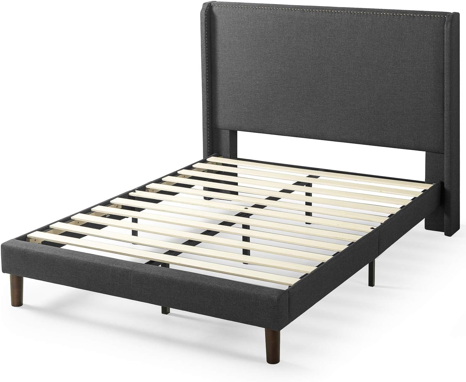 Assembled Zinus Marcus bed frame without a mattress, showing the wood slat support system.