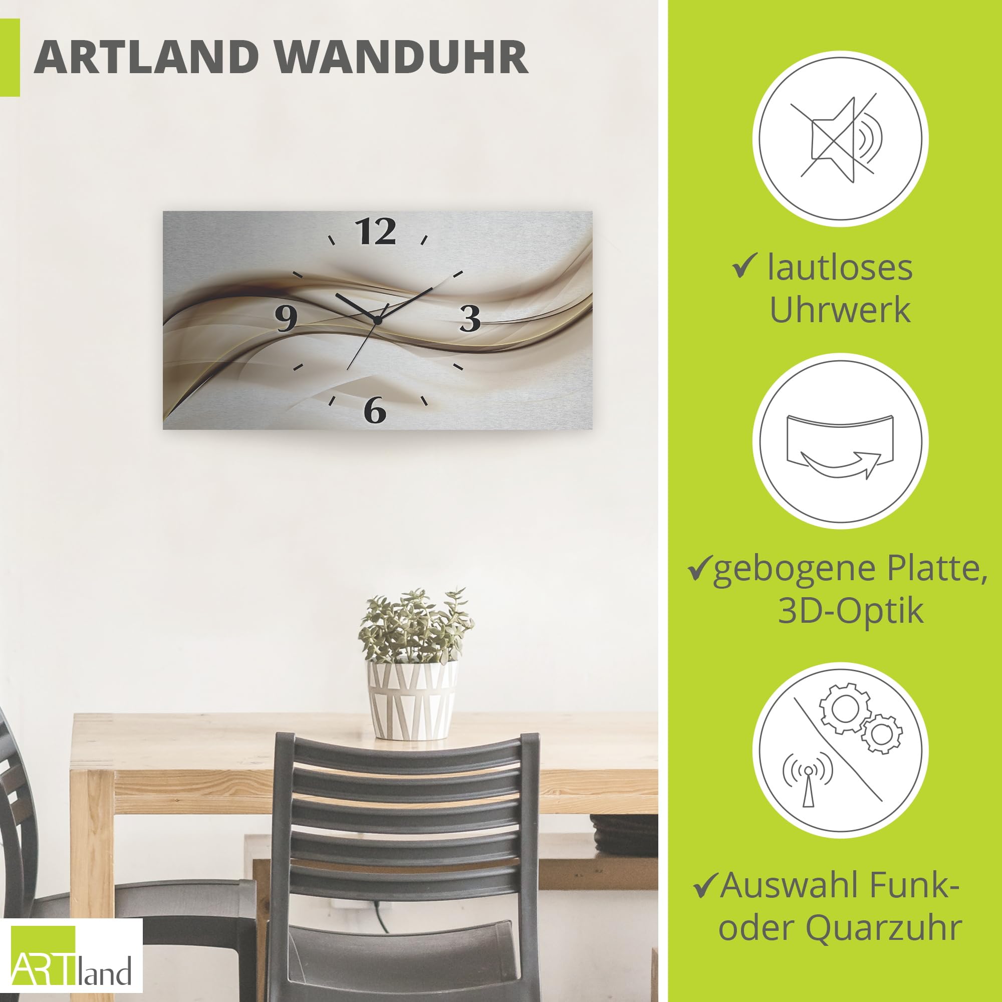 ARTLAND Wanddeko Wanduhr ohne Tickgeräusche Alu Funkuhr 50x25 cm Eckig Lautlos 3D Design Welle Abstrakt Modern Ausgefallen T9LI