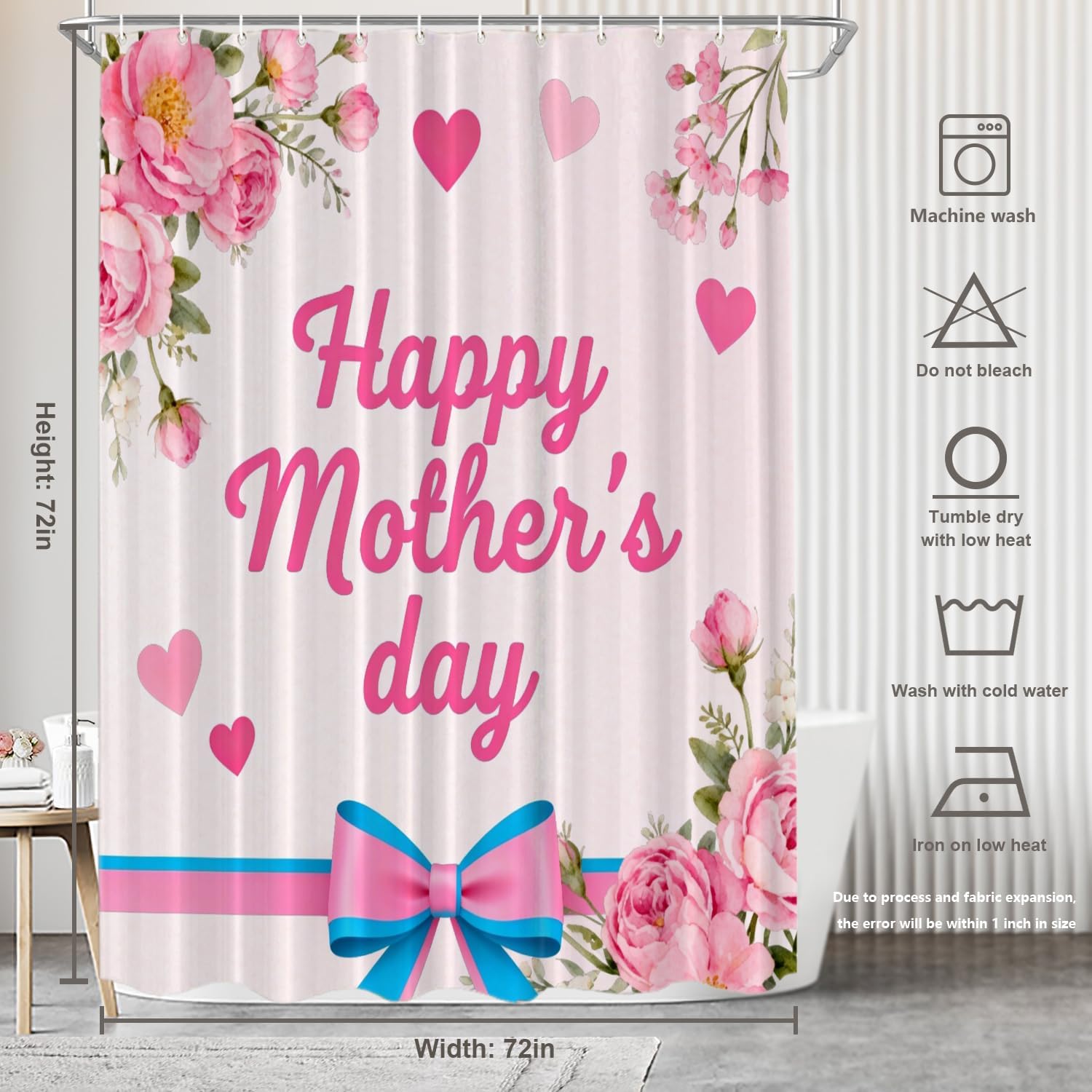 Happy Mother Day Decor Shower Curtain Set,Mother's Day Pink Carnations with Ribbon Polyester Shower Curtain for Shower Stall Bathroom Waterproof with 12 Hooks 72x72 Inch