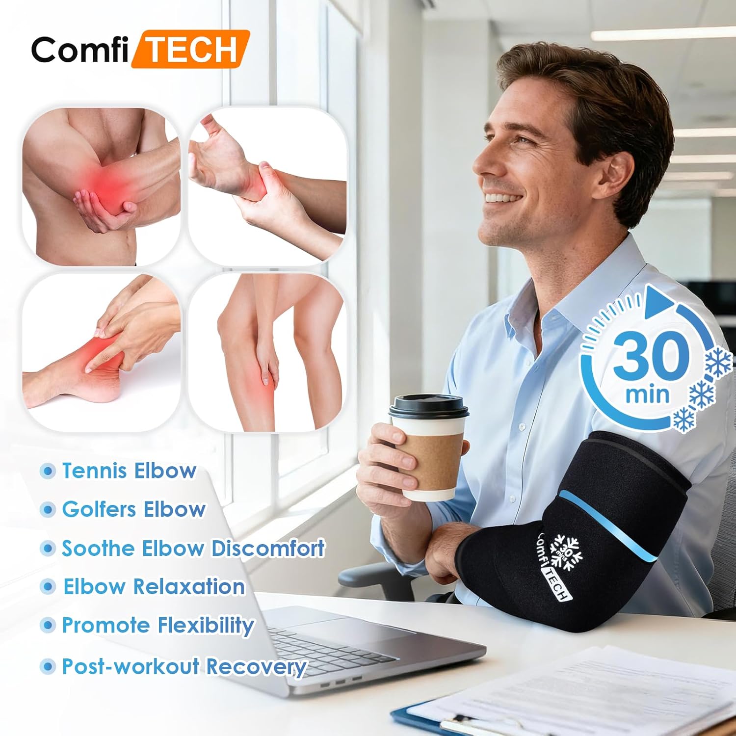 ComfiTECH Dual-Gel Elbow Ice Pack Wrap with Extended 30-Minute Cooling, Detachable Ice Pack & Flexible Reusable Gel Ice Sleeve for Comfort in Tennis Elbow, Golfer Arm, Muscle Relaxation, Large - Image 3