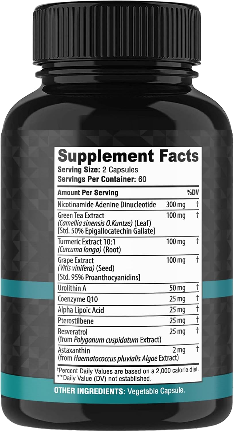 NAD+ Supplement Complex – NAD Supplement+ 300 mg with Astaxanthin, Urolithin A, Resveratrol, CoQ10 & Antioxidant Blend – Cellular Energy, Mitochondrial Support – 120 Count (Pack of 1) - Image 2