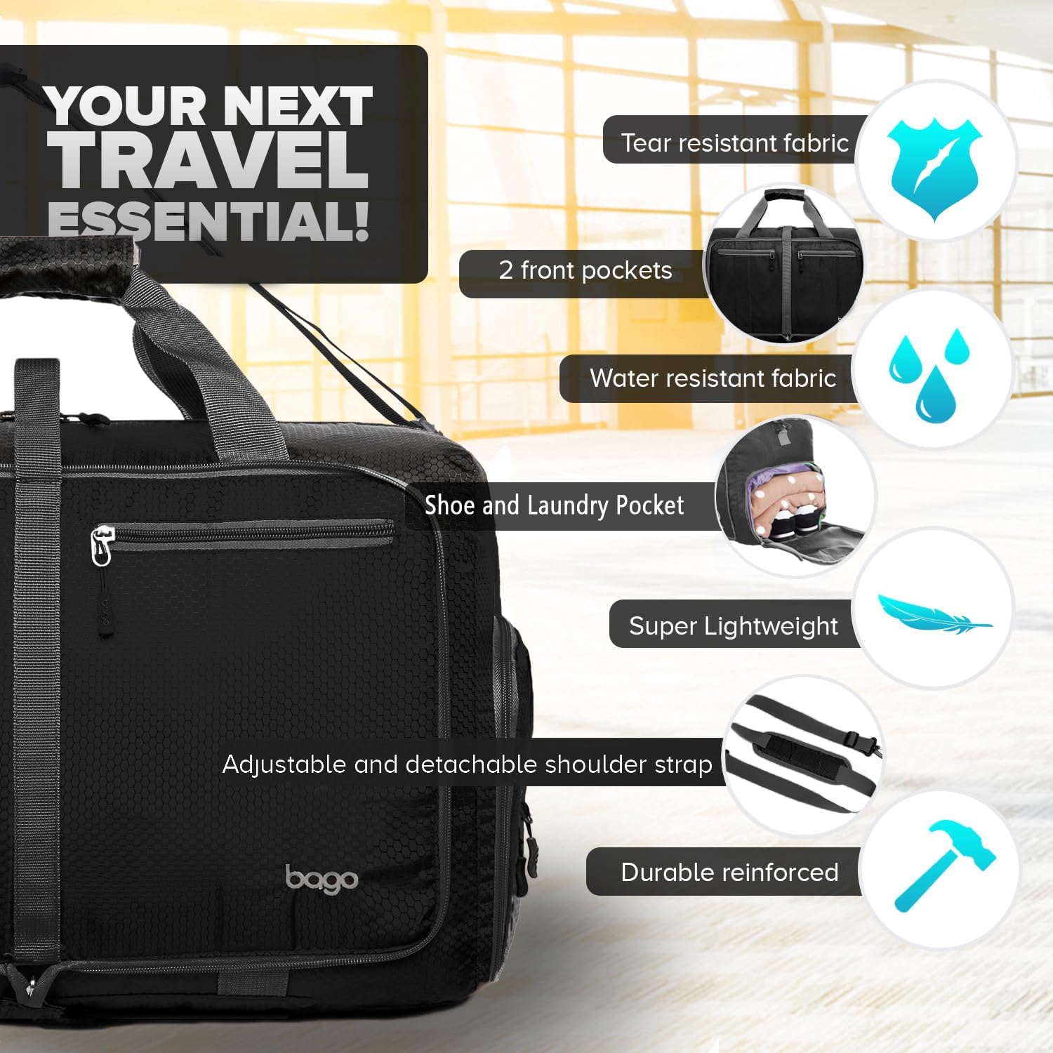 Bago Large Foldable Duffel Bags for Traveling Women & Men - 100L Packable Duffle Bag for Travel with Shoe Compartment - Water Repellant, Heavy Duty, Lightweight Folding & Collapsible (All Black) - Image 5