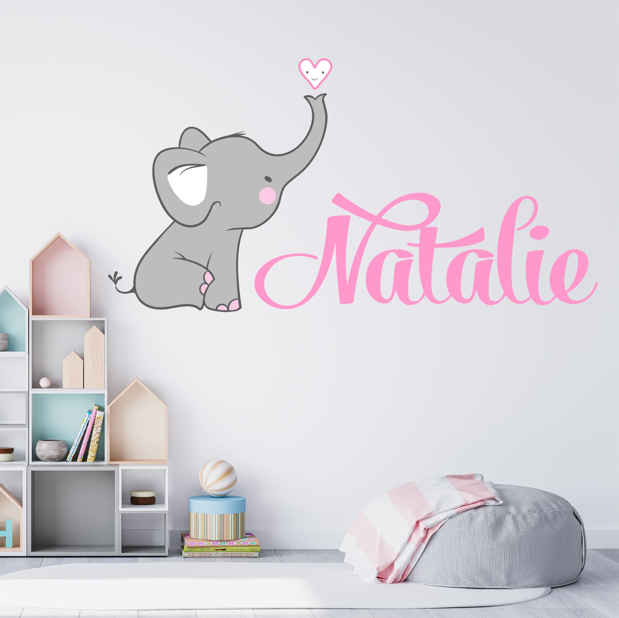 Decor Designs Decals Girls Nursery Baby Grey and Pink Elephant Custom Name Personalized Wall Decal Sticker for Playroom Decor or Baby's Room (Multi-Sizes) (Name, Without Initial)