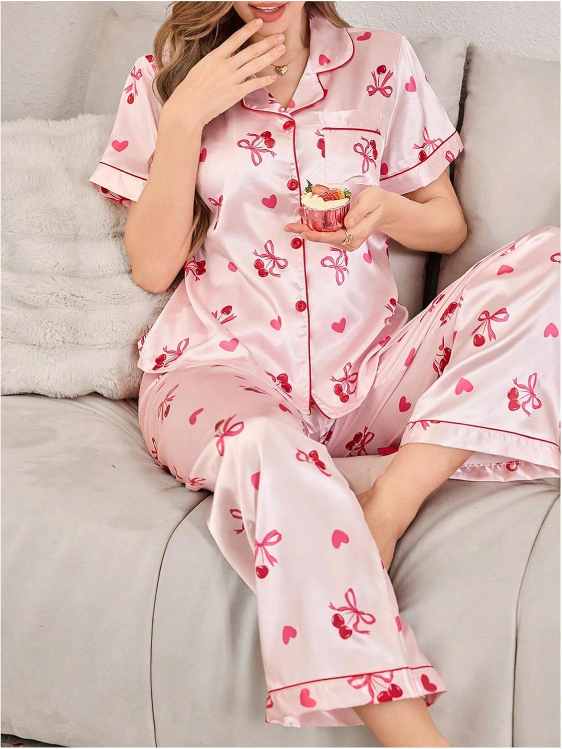 WDIRARA Women's Bow Print Satin Pajama Set Button Down Short Sleeve Pants 2 Piece Sleepwear Pjs - Image 4