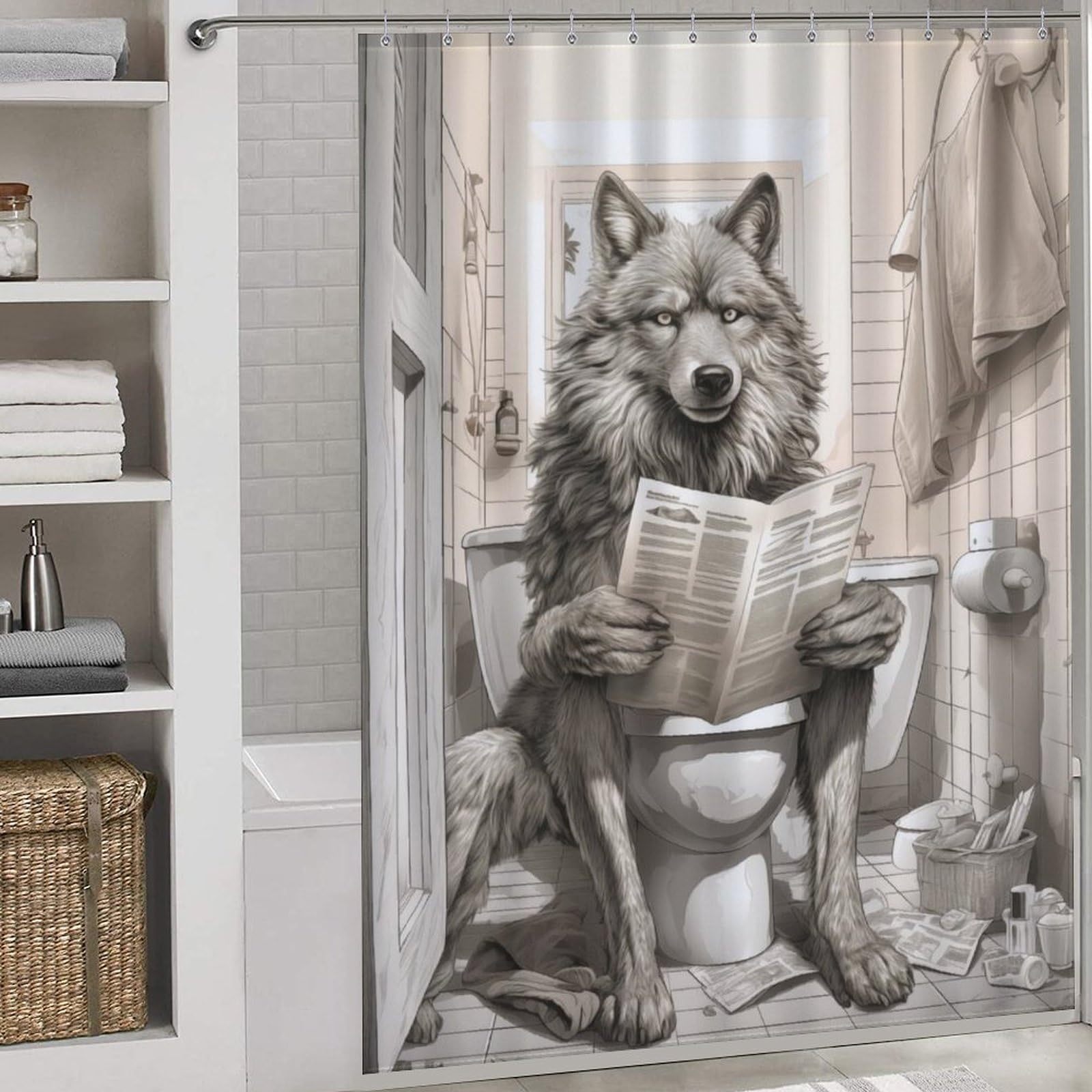 Rideau de douche loup pour baignoire d'appartement et studio moderne