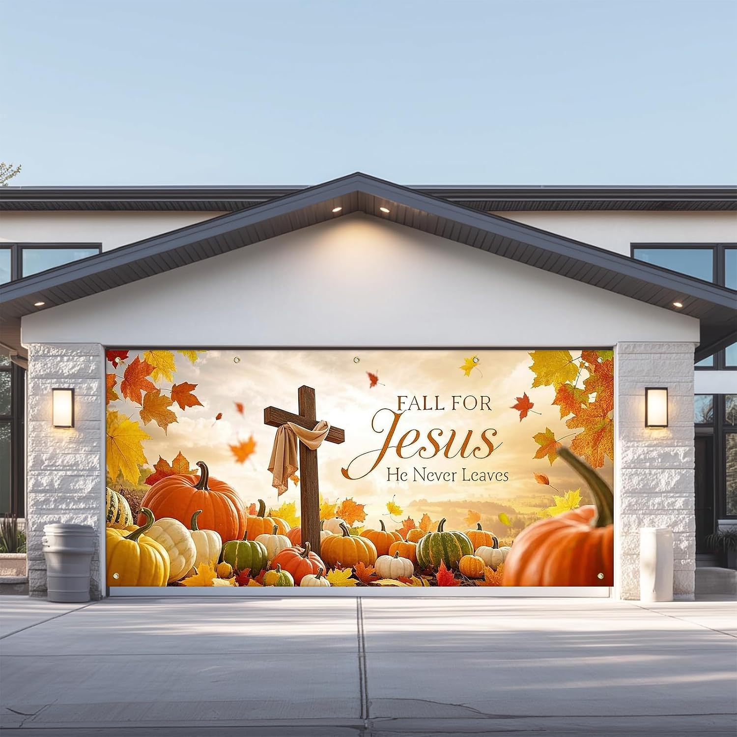 IVN Fall Pumpkin Garage Door Banner 13x6ft Thanksgiving Decor Pumpkin Cross Autumn Leaves Photo Prop Background for Thanksgiving Autumn Yard Outdoor Harvest Scene Display Decor