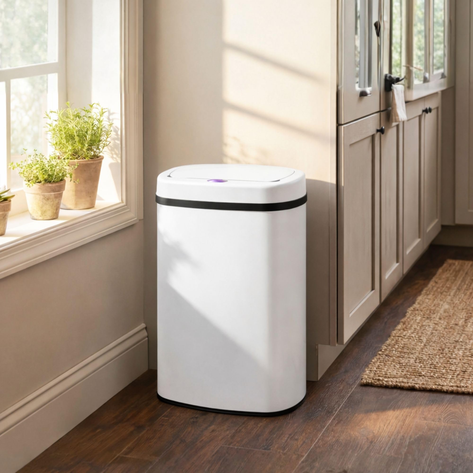 Bayt Cubo de Basura con Sensor 60 Litros - Papelera Automática Cocina sin Contacto, Gran Capacidad, Tapa Automática, Acero Inoxidable, Blanco