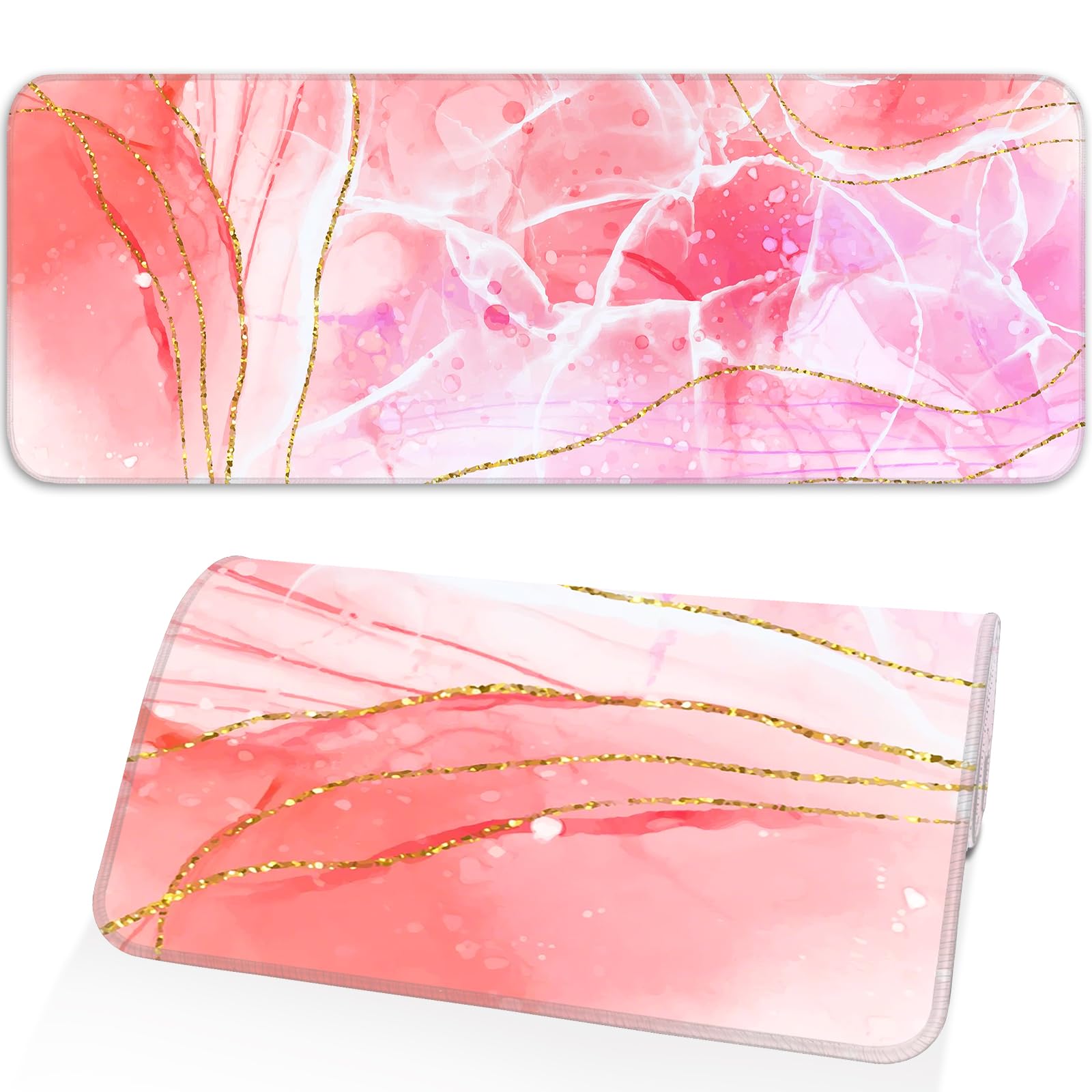 Pink Mouse Pad, Large Gaming Mouse Pad, Non-Slip Base and Stitched Edges, for Gaming, Home, Office, 31.5 x 11.8 Inch, Cute Desk Pad, Rose Gold Marble