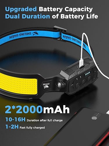 Miniatura 5 de Smiling Shark Faro delantero, 2 Pack de lámparas de cabeza LED recargable 6 modos 7* luces blancas 270  de ancho de iluminación sensor de movimiento