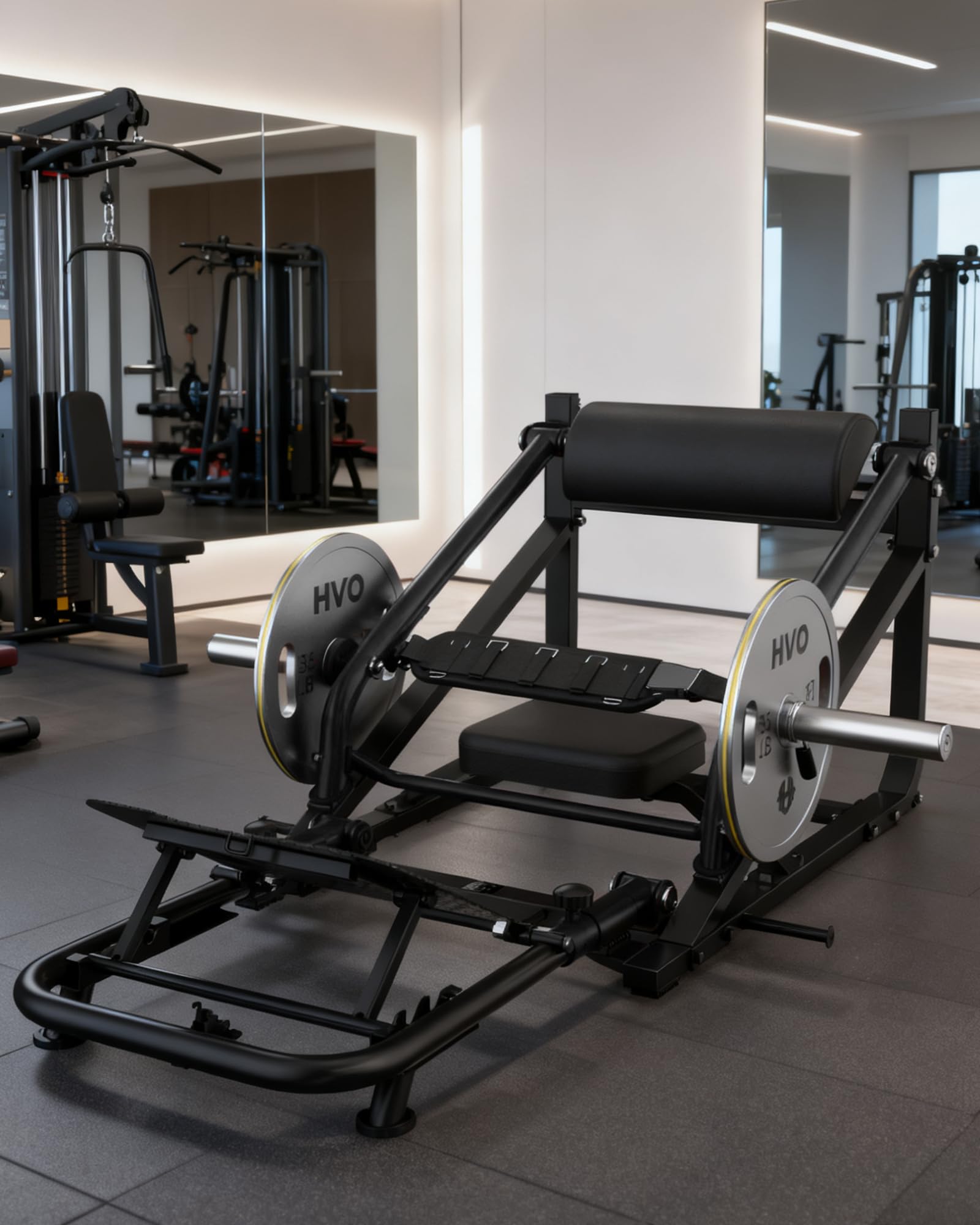 HVO Hip Thrust Gerät Glute Bridge Maschine für Zuhause Männer Frauen | 25/50 mm Langhantelscheiben Geeignet, Verstellbare Fußstütze, Verstellbarer Gürtel,Klappbar & Platzsparend,Mobil mit Rollen
