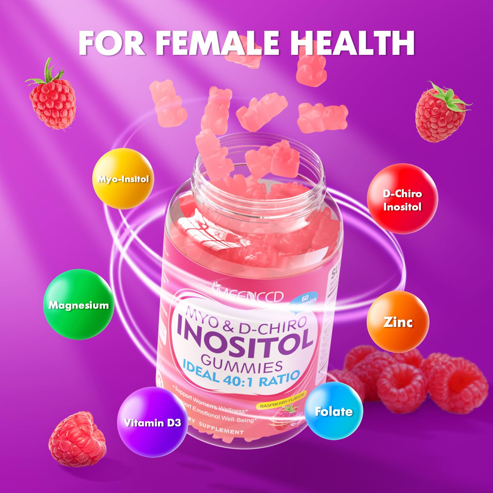 MEENCCD Myo-Inositol & D-Chiro Inositol Gummies, 40:1 Ratio Inositol with Vitamin D3, Magnesium Glycinate, Folate & Zinc, Inositol Supplement for Female Health, Raspberry Flavor, 60 Count — Amazon image 5
