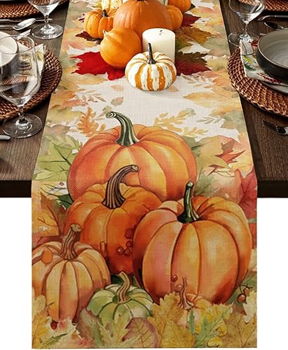 Camino de mesa de calabazas de Acción de Gracias, algodón y lino de 108 pulgadas, bufandas rústicas de calabaza, cosecha de arce y ginkgo, para