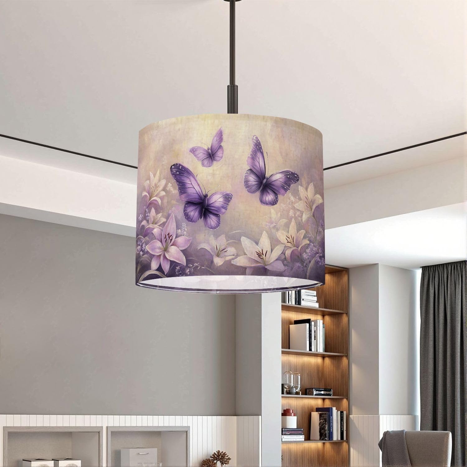 Purple Lampshades Floral Lamp Shades Boho 1 Pack Ethereal Violet Butterflies Dreamy Pastel Lilies Light Shade for Table Lamps Floor Lamps Drum Lamp Shades Lampshade Replacement
