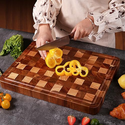 Miniatura 5 de YUSOTAN Tabla de cortar de madera de grano final de acacia y goma (17 x 11 x 1.6 pulgadas), tabla de cortar de madera de acacia, bloque de