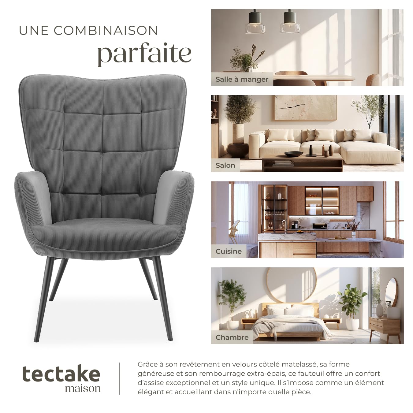 tectake® Fauteuil Relax Confortable en Velours côtelé Fauteuil Scandinave Moelleux avec Accoudoirs & Dossier Ergonomique pour Salle à Manger, Salon, Chambre, Siege Bureau, Allaitement Gris/Noir