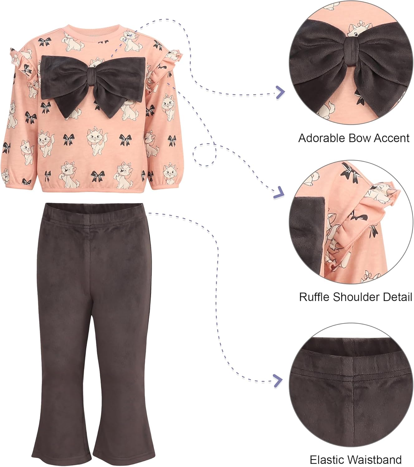 Magic Threadz Disney Clothes Baby Girls Bow Pant Set – Minnie Mouse & Marie Long Sleeve Ruffle Top and Pants Outfit (12M–24M) - Image 5