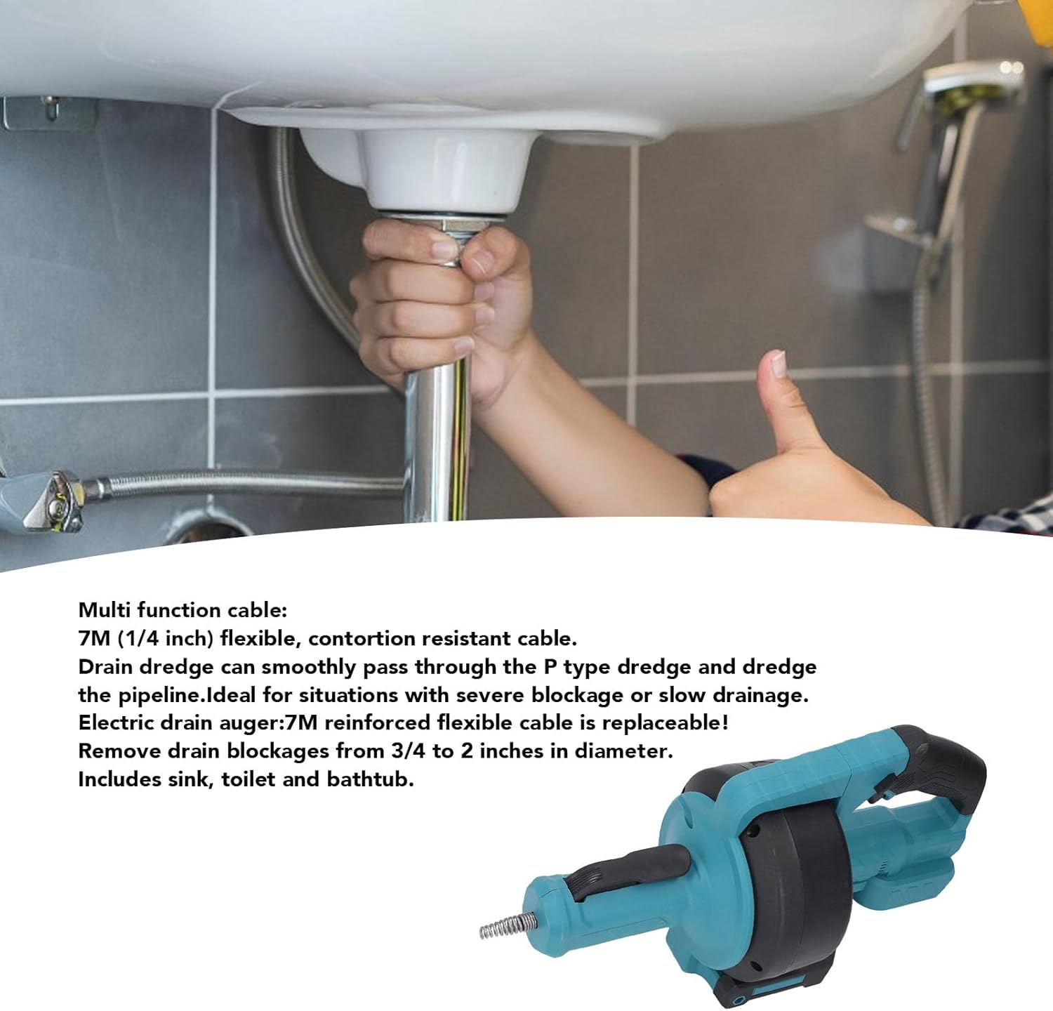 Cordless Electric Drain Auger Lithium Pipe Dredging Machine with 7m Cable, LED Light for Sewer Bathroom 3/4in-2in Pipe (Blue)